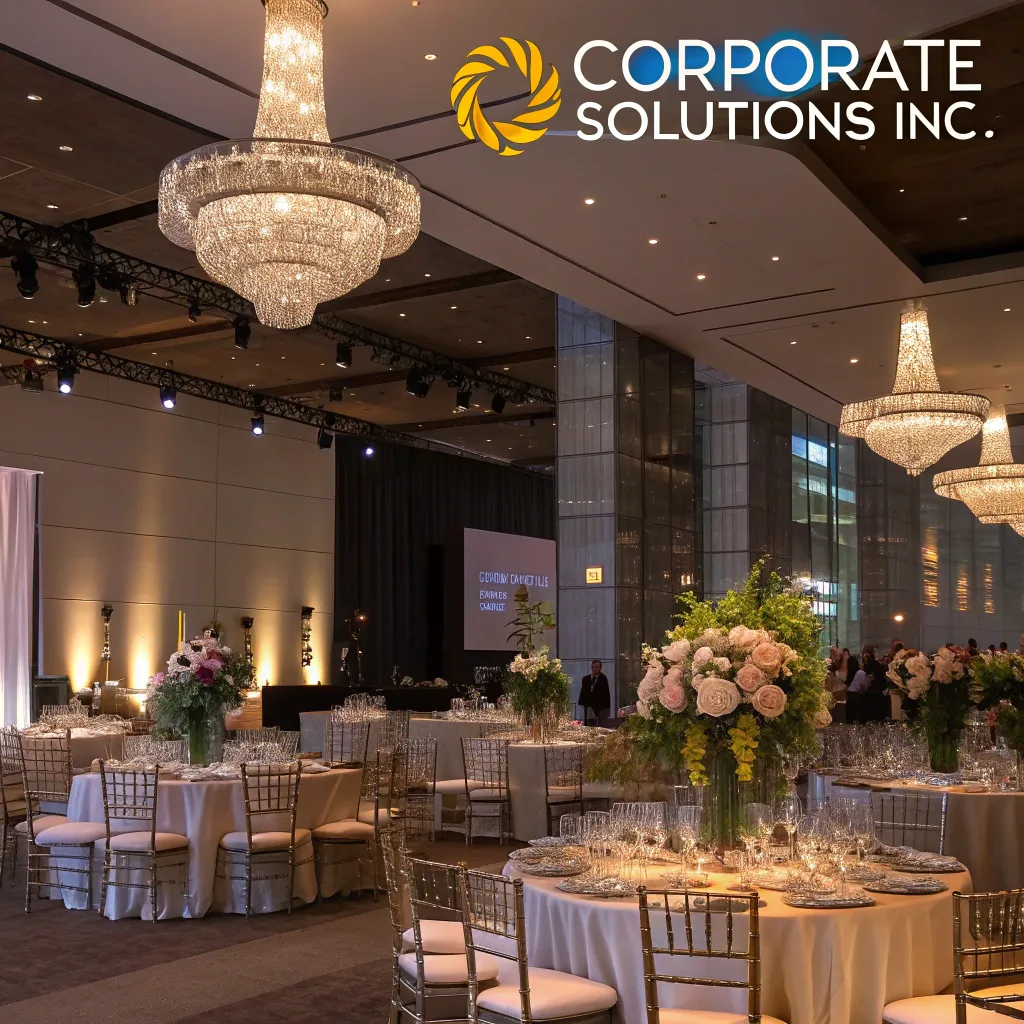 Event setup with elegant decor at Corporate Solutions Inc.